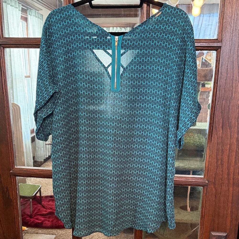 Worthington Womens XXL Teal Black Geometric Print Back Zip V-Neck Blouse Top - Picture 6 of 6